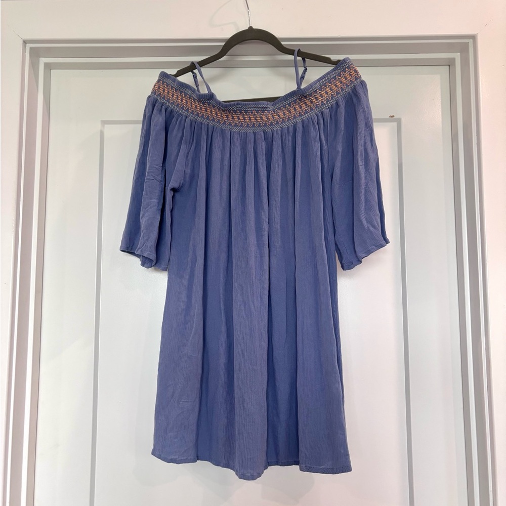 Lascana Periwinkle Crepe Smock Cold Shoulder Embroidered Peasant Dress Size 12